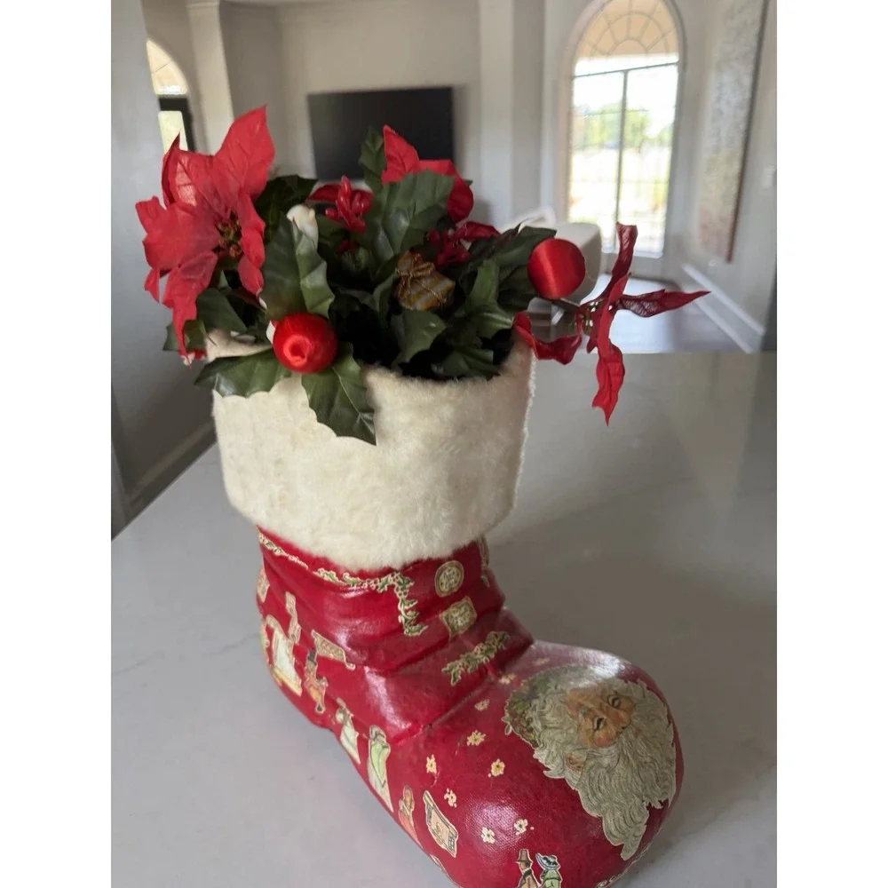 Vintage 1970s Handmade Papier Mache Santa Boot Christmas Decoupage Planter Decor